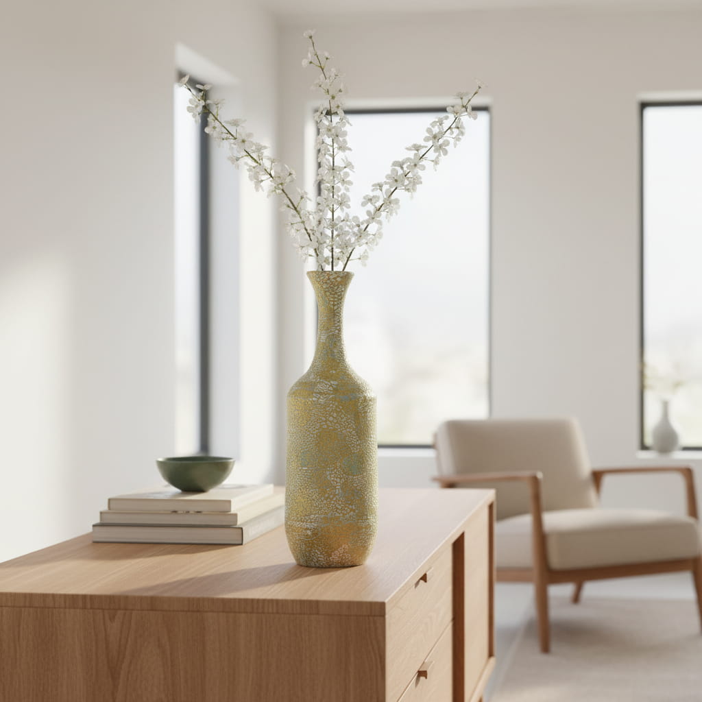 Vaas Ikura – design vaas van papier en bamboe met craquelé look