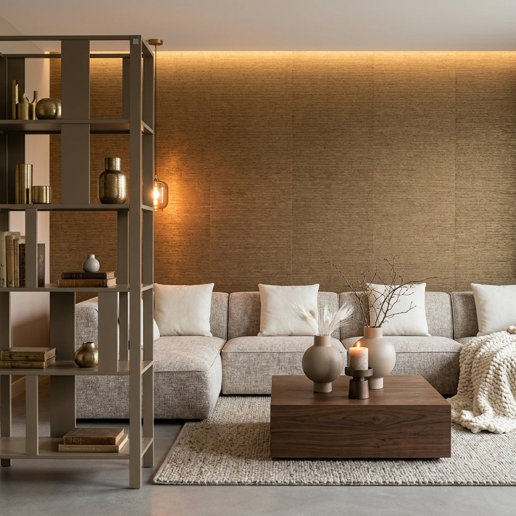 Woonkamer in warme tinten met roomdivider, bank en salontafel met vazen en kaars