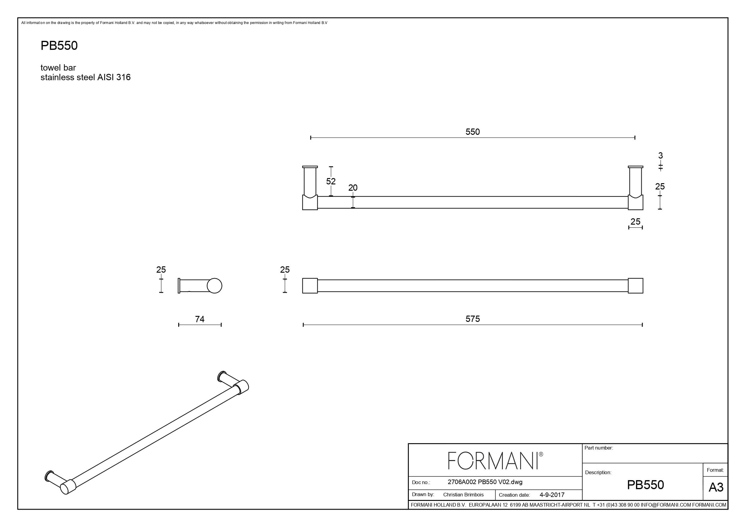 Handdoekstang Piet Boon PB550 enkel mat RVS AISI 316 – 57,5cm