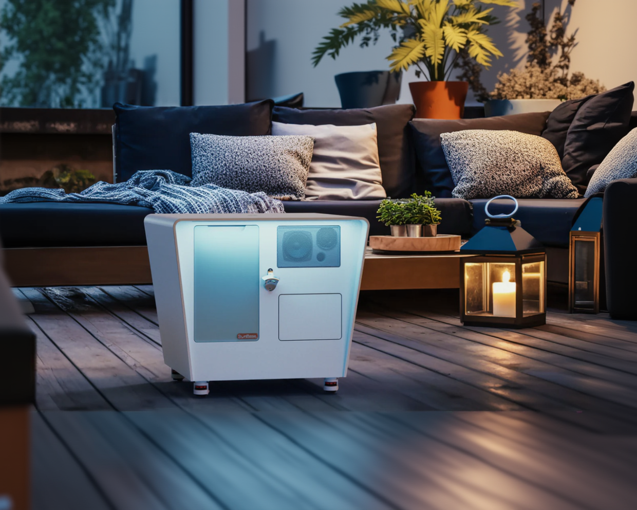 SunBase met warme sfeerverlichting in de avond