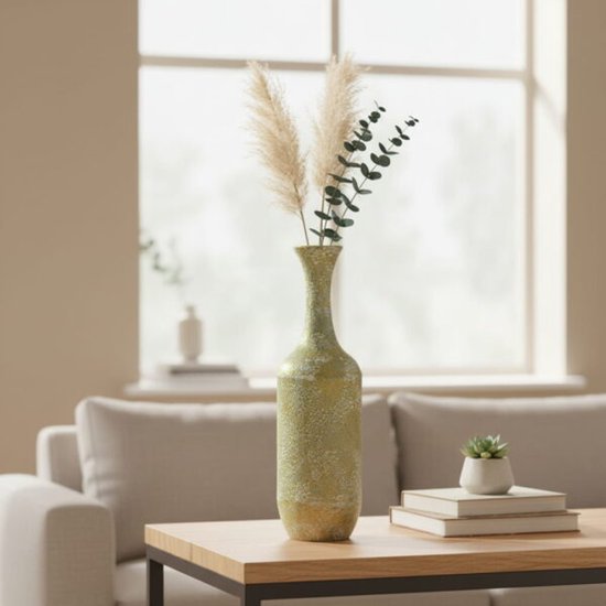 Vaas Ikura – design vaas van papier en bamboe met craquelé look Groen