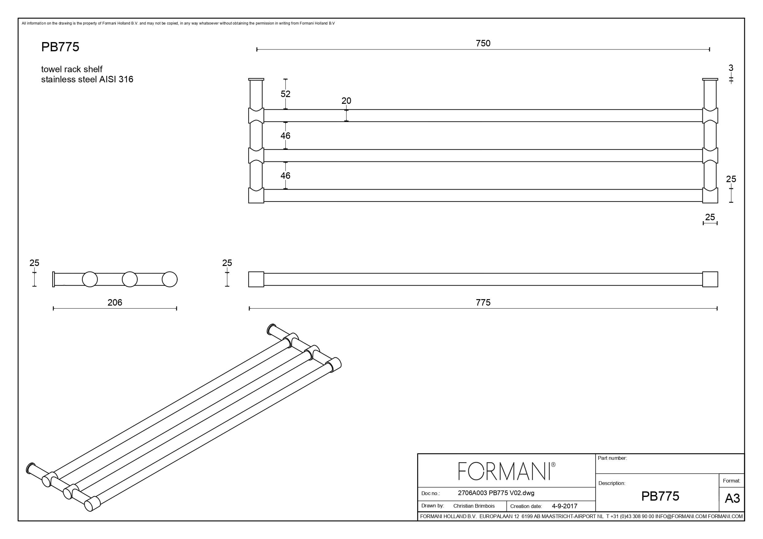 Handdoekrek Piet Boon PB775 RVS mat zwart - 77,5cm