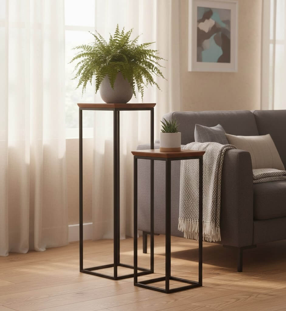 Planten Zuil Staal Acacia Hout – Elegante Zuil Set van 2 | Modern & Natuurlijk