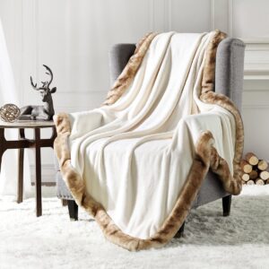 Luxury Milky Powder Plush Throw Blanket with Faux fur Trimming