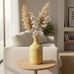 Vaas Cortina – design vaas van papier en bamboe in warm geel