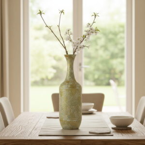 Vaas Ikura – groen-witte design vaas van papier en bamboe met craquelé look