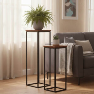 Planten Zuil Staal Acacia Hout – Elegante Zuil Set van 2 | Modern & Natuurlijk